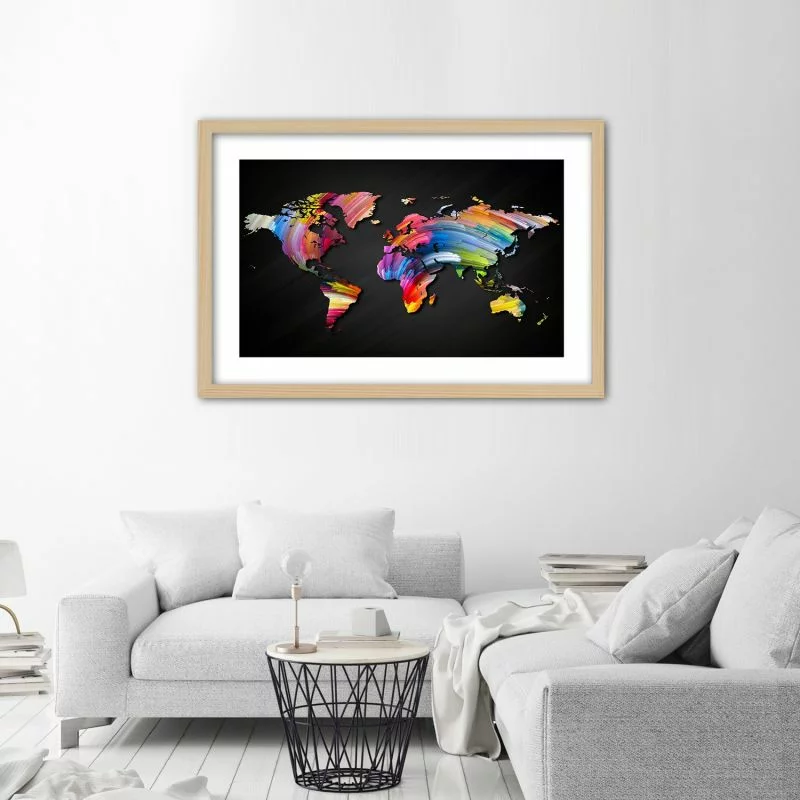 Obraz w ramie, Mapa świata w różnych kolorach - obrazek 1