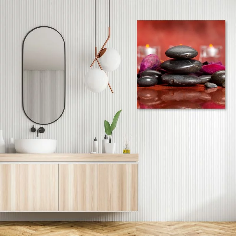 Obraz na płótnie, Kamienie zen na czerwonym tle - obrazek 1