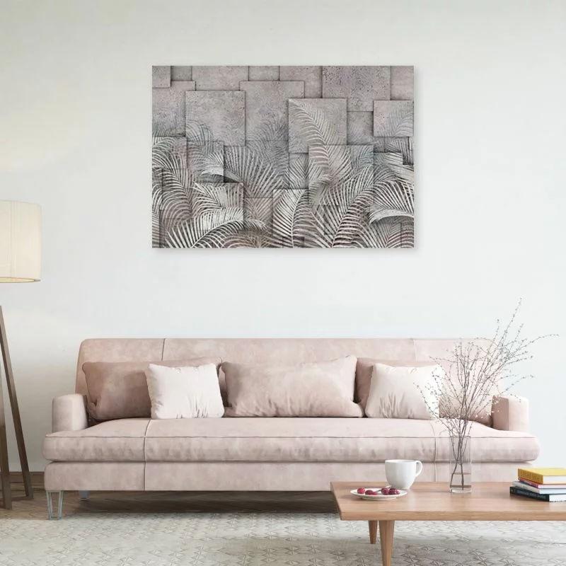Obraz Deco Panel, Liście 3D na tle imitującym beton - obrazek 1