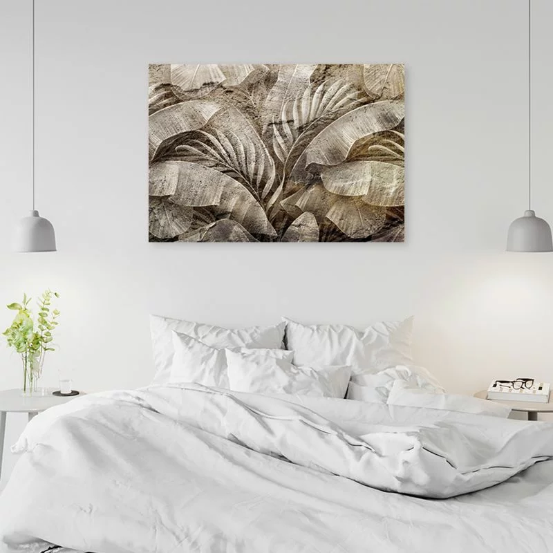 Obraz na płótnie, Liście palmy dżungla na imitacji betonu - obrazek 1