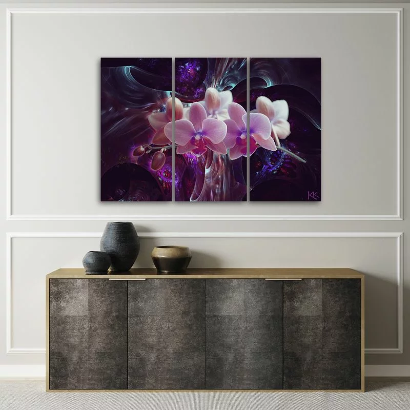 Obraz trzyczęściowy Deco Panel, Biała orchidea na ciemnym tle - obrazek 1