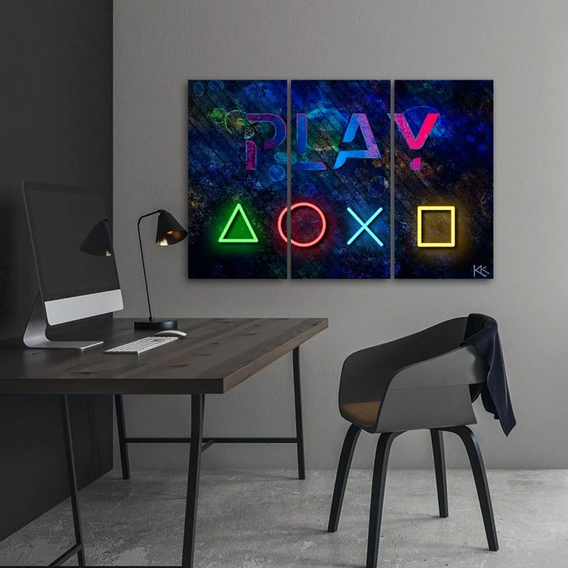 Obraz trzyczęściowy na płótnie, Przyciski do kontrolera i napis play - obrazek 1