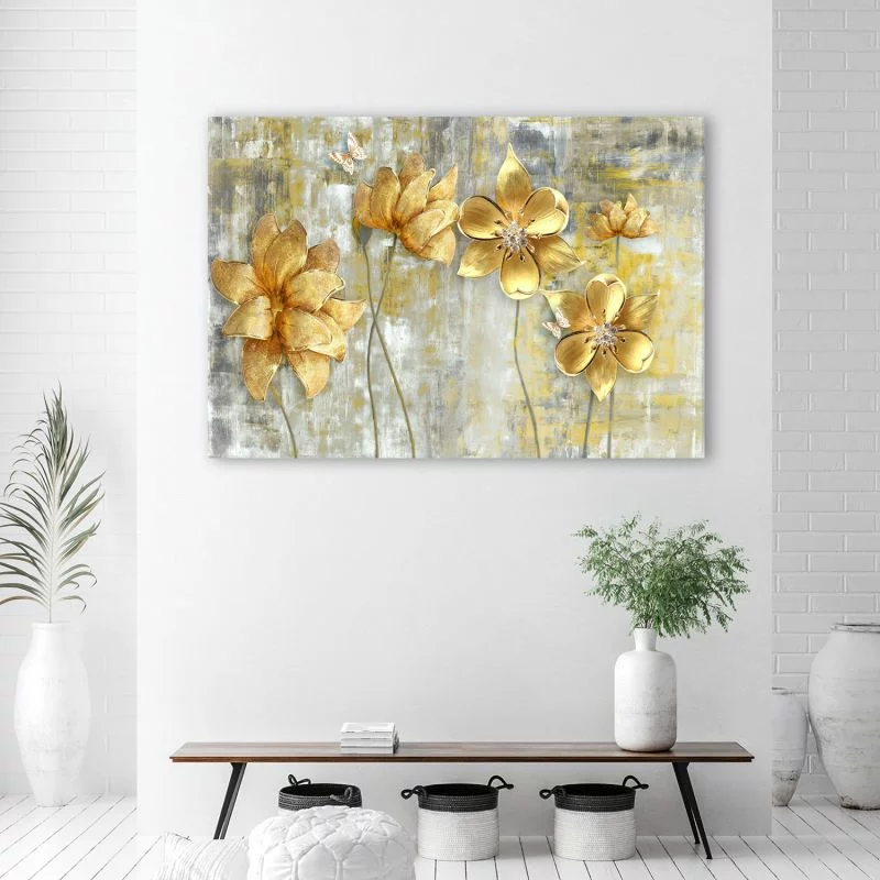 Obraz na płótnie, Złote kwiaty i motyle - obrazek 1