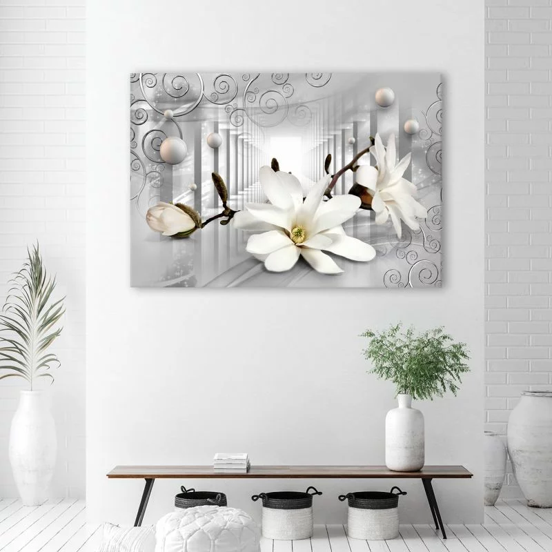 Obraz Deco Panel, Kwiaty w tunelu i srebrne kule 3D - obrazek 1