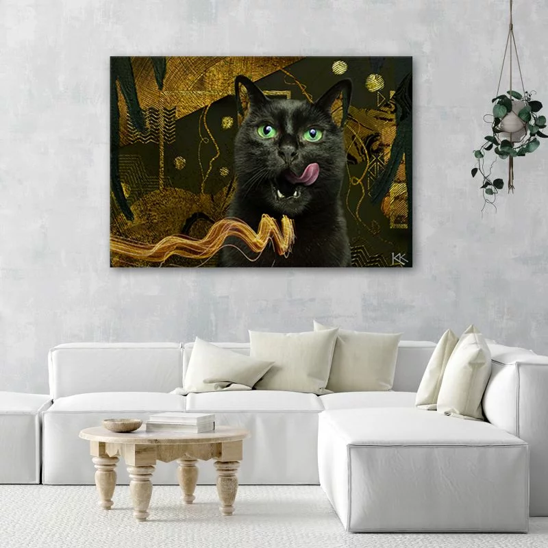 Obraz na płótnie, Czarny kot Złota abstrakcja - obrazek 1