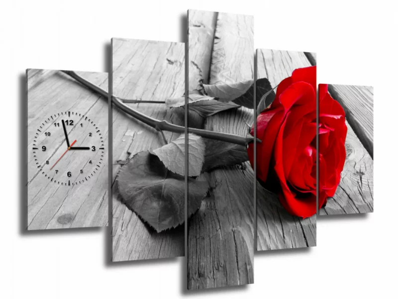 Obraz z zegarem - leżąca czerwona róża - obrazek 1