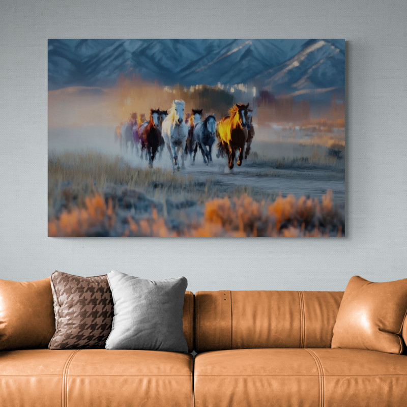 Obraz galopujące konie na tle g&oacute;r