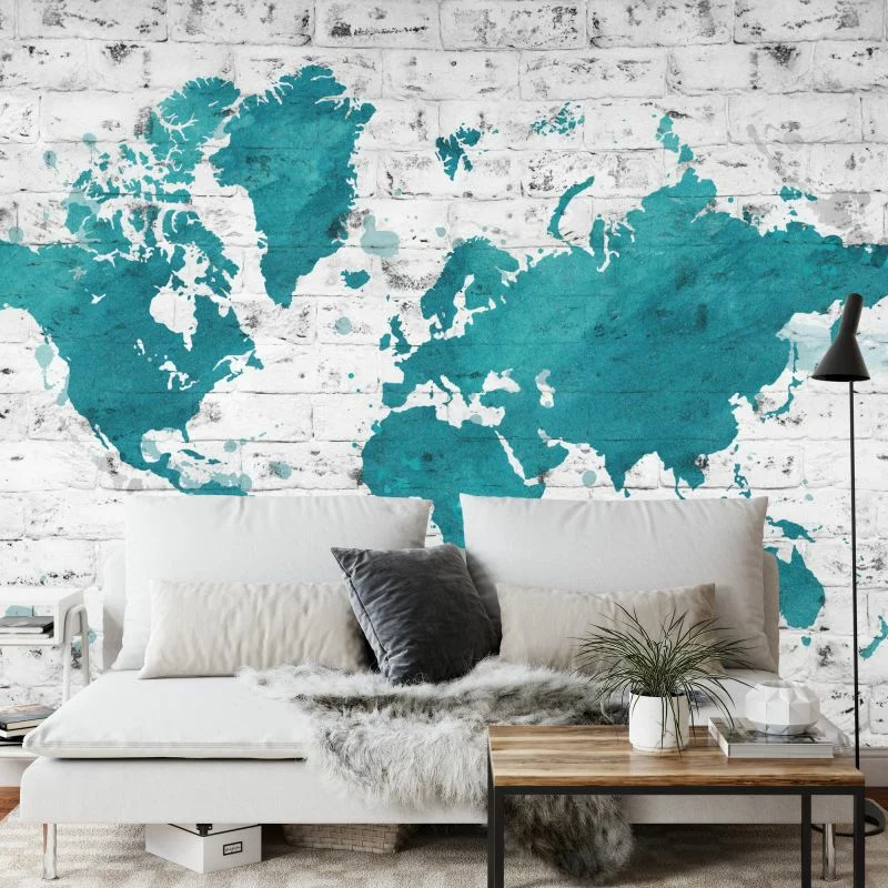 Fototapeta Mapa Świata - Malowana na Ceglanej Ścianie - obrazek 1