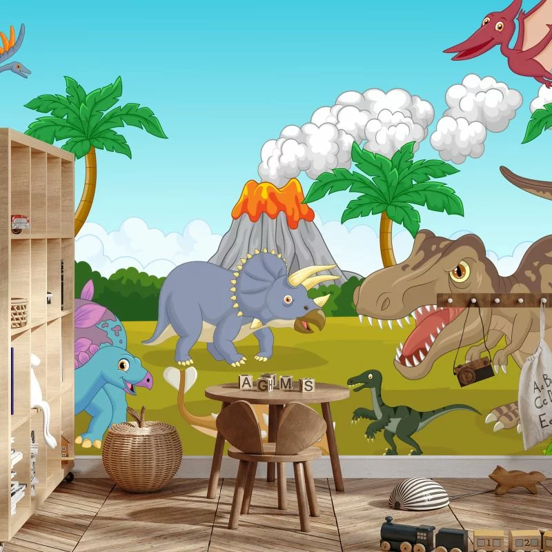 Fototapeta Kolorowe Dinozaury I Wulkan - obrazek 1