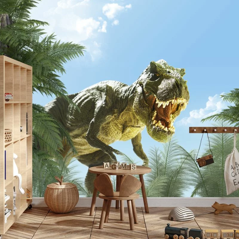 Fototapeta Wielki Dinozaur T-Rex I Palmy - obrazek 1