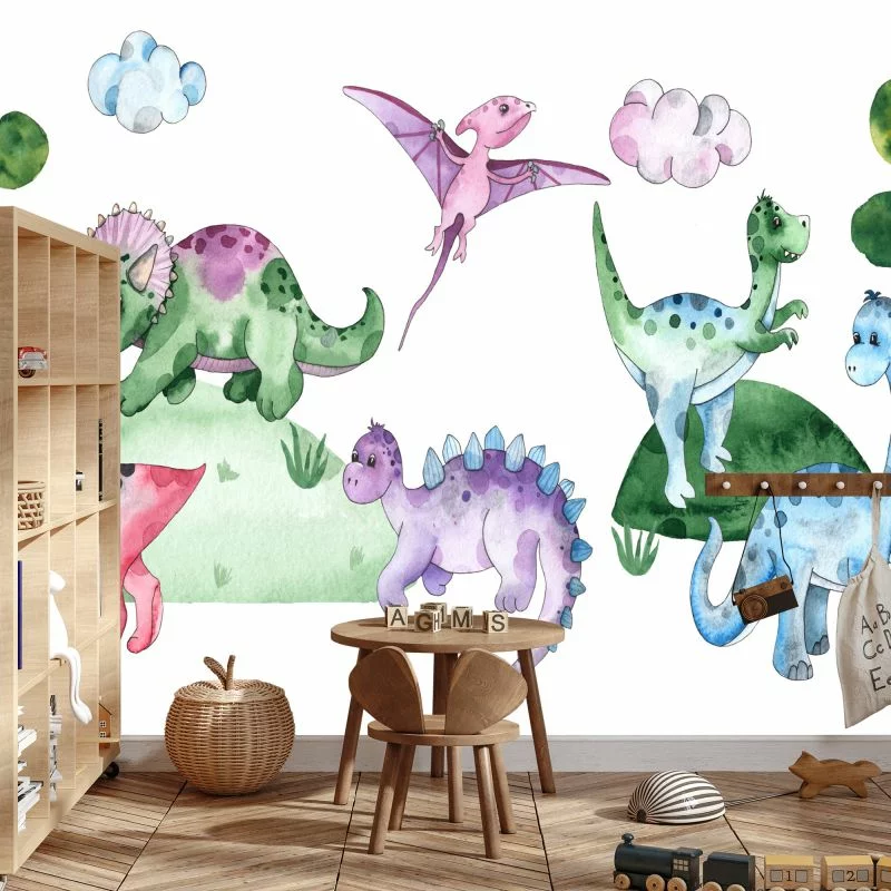 Fototapeta Pastelowe Dinozaury Na Polanie - obrazek 1