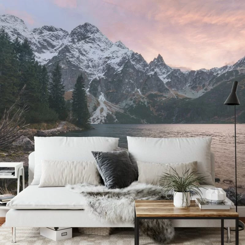 Fototapeta - Górski Krajobraz z Jeziorem o Zachodzie Słońca - obrazek 1