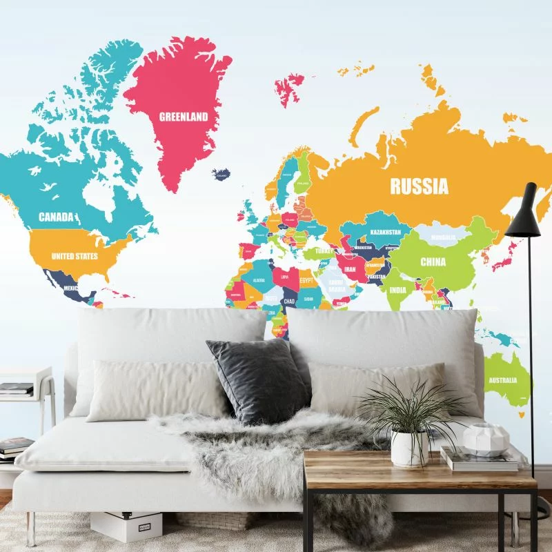 Fototapeta Mapa Świata - Jasne Kolory z Państwami - obrazek 1