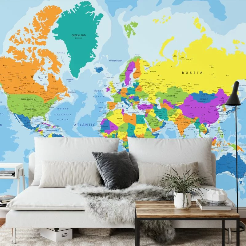 Fototapeta Mapa Świata - Jasne Kolory i Granice Państw - obrazek 1