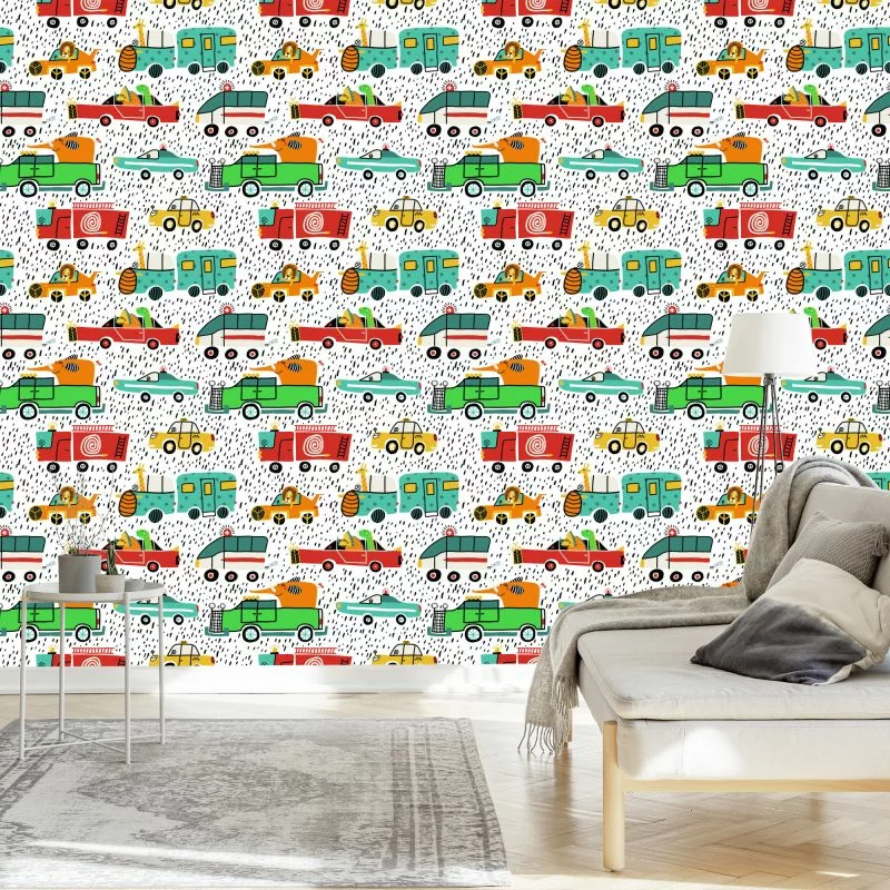 Tapeta Kolorowe Auta, Zwierzęta, Do Pokoju Dziecka - obrazek 1