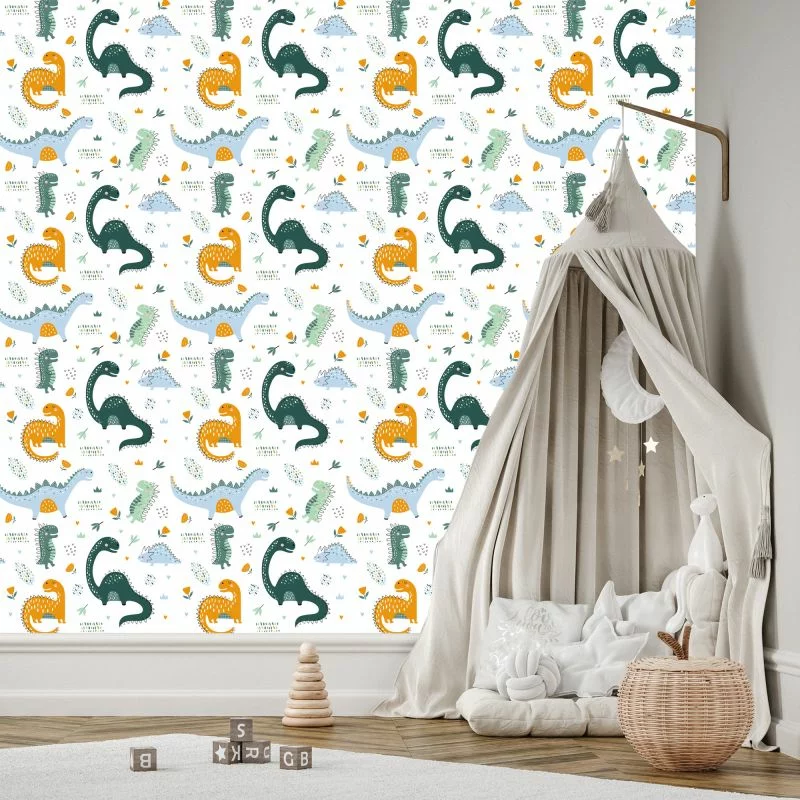 Tapeta Do Pokoju Dziecka Dinozaury, Liście, Kwiaty - obrazek 1