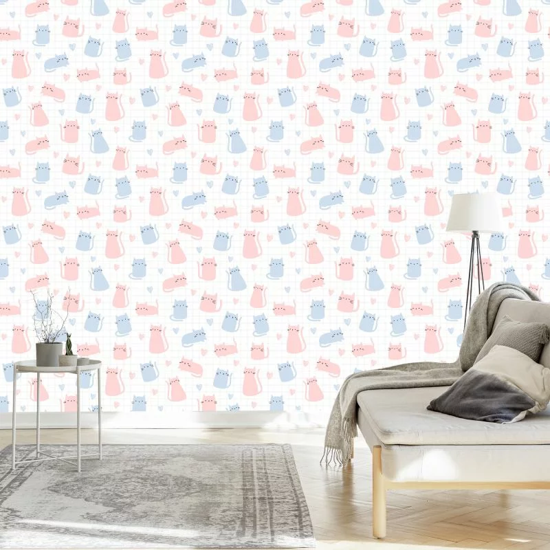 Tapeta Dla Dzieci – Kolorowe Kotki I Serduszka - obrazek 1