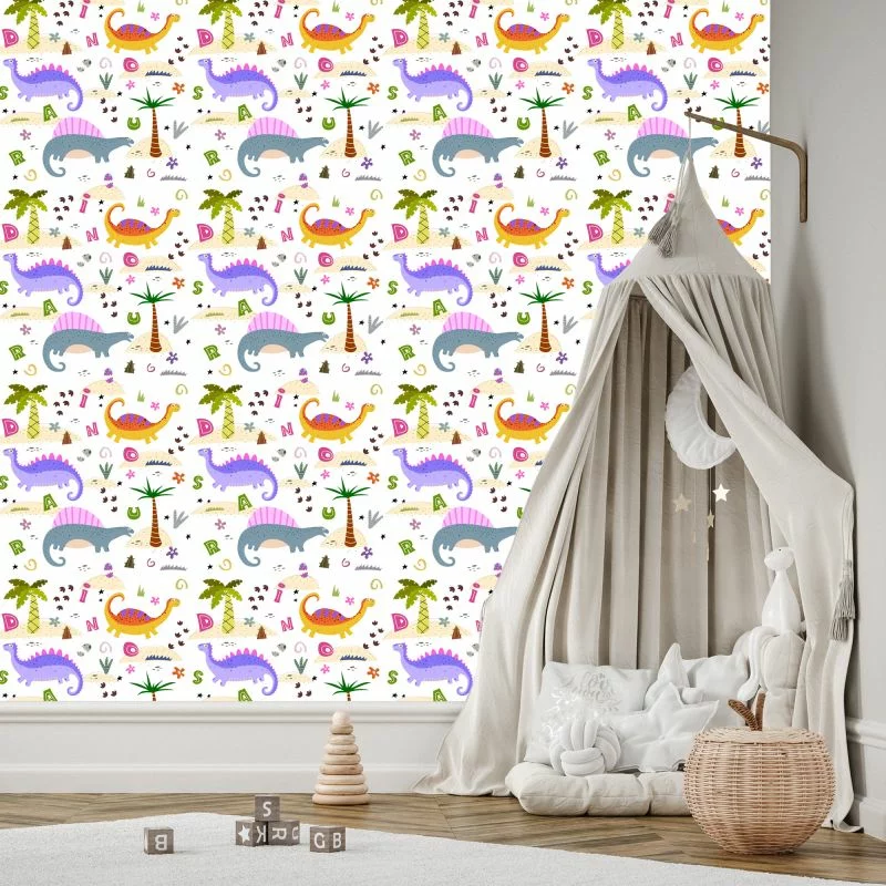 Tapeta Kolorowa Dinozaury Palmy, Do Pokoju Dziecka - obrazek 1