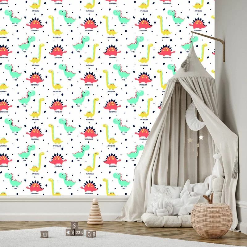 Tapeta Do Pokoju Dziecka Kolorowe Dinozaury Kropki - obrazek 1