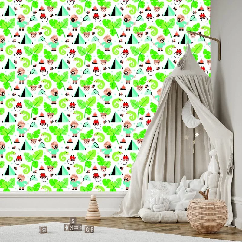 Tapeta Do Pokoju Chłopca Liście, Zieleń, Zwierzęta - obrazek 1