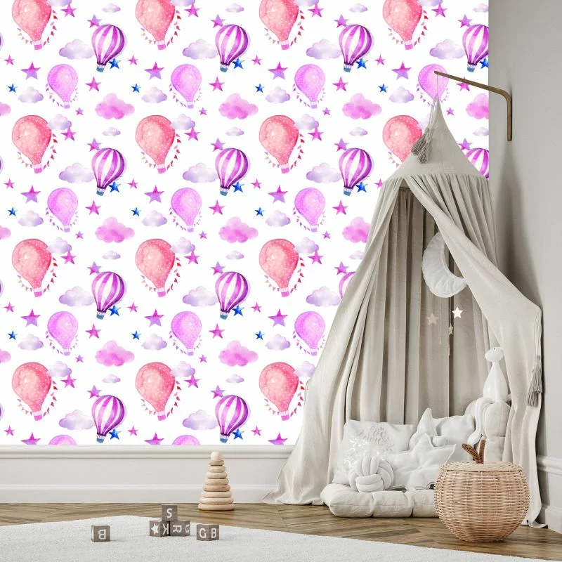 Tapeta W Balony, Gwiazdy, Chmury Pokój Dziecięcy - obrazek 1