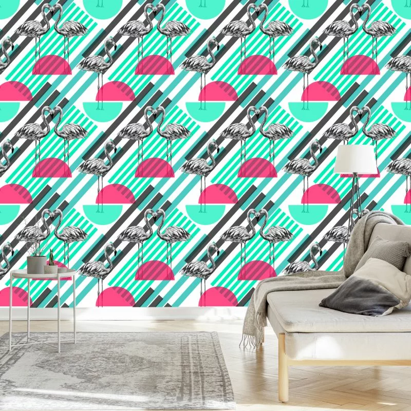 Tapeta Flamingi I Geometryczne Wzory - obrazek 1