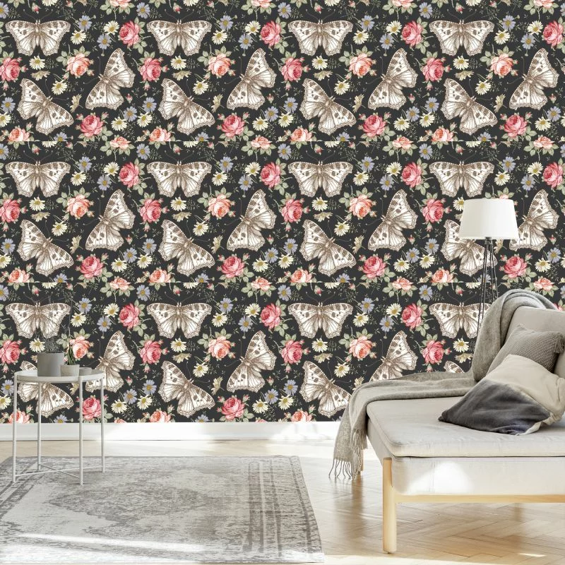 Tapeta Do Przedpokoju Motyle, Róże, Kwiaty, Liście - obrazek 1