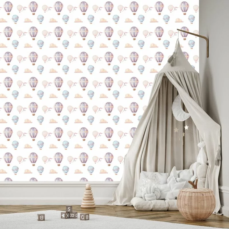 Tapeta Do Pokoju Dziecka, Pastelowe Balony, Chmury - obrazek 1