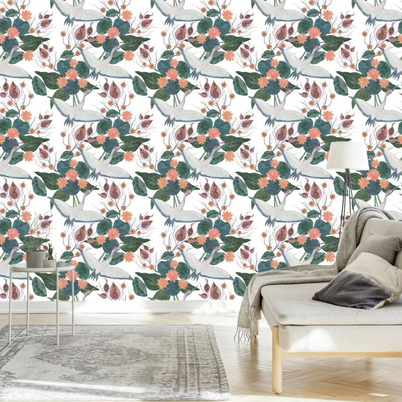 Tapeta – Latające Żurawie I Kwiaty - obrazek 1