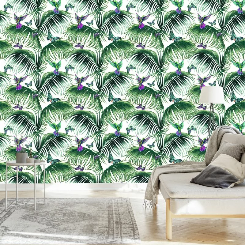 Tapeta Liście Palmowe Z Ptakami - obrazek 1