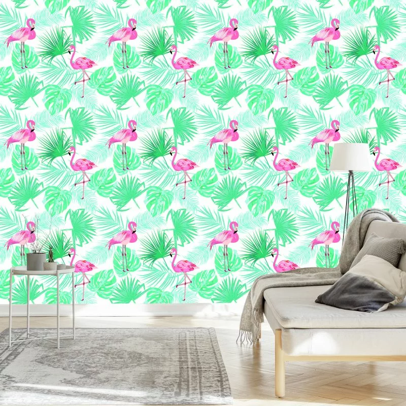 Tapeta Liście Tropikalne Flamingi - obrazek 1