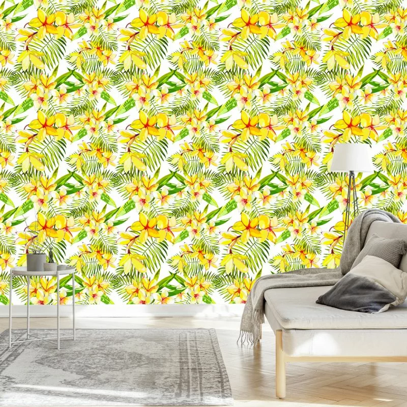 Tapeta Kwiaty Plumerii Z Liśćmi Palmowymi - obrazek 1