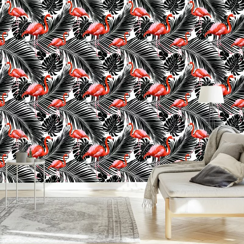 Tapeta Flamingi I Czarne Egzotyczne Liście - obrazek 1