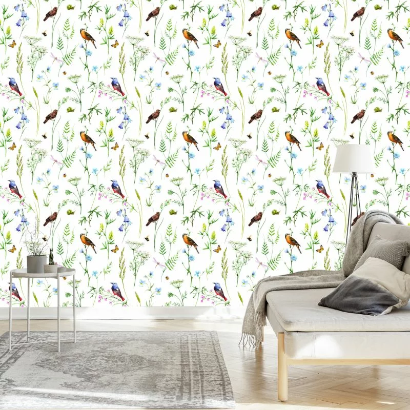 Tapeta Do Salonu Ptaki Kwiaty Liście Natura Motyle - obrazek 1