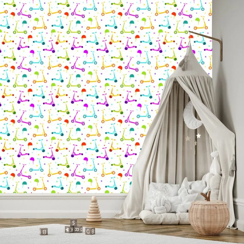 Tapeta Kolorowe Hulajnogi Z Kaskami - obrazek 1