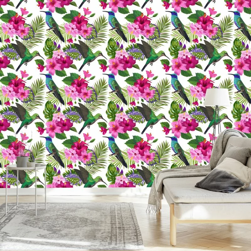 Tapeta Tropikalna - Kolorowe Kolibry, Liście I Kwiaty - obrazek 1