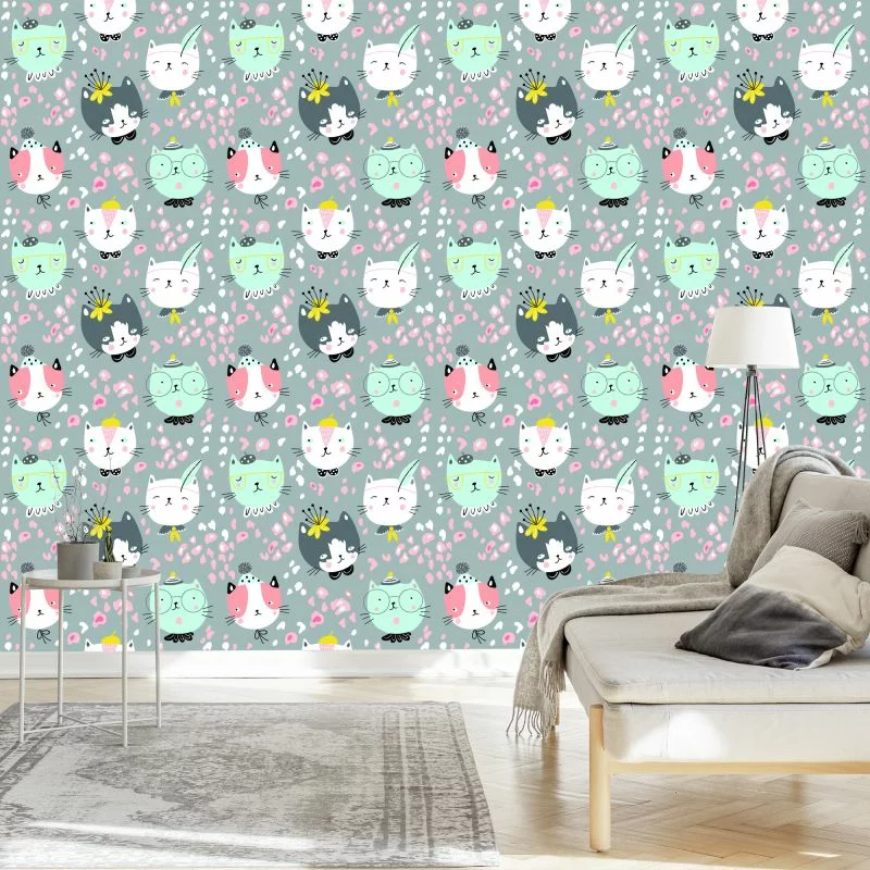 Tapeta Dla Dzieci - Rozmarzone Kolorowe Kotki - obrazek 1