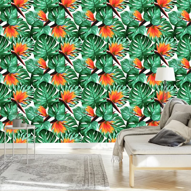 Tapeta Tropikalne Liście I Kwiaty - obrazek 1