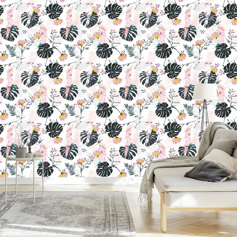 Tapeta Papugi I Tropikalne Liście I Kwiaty - obrazek 1