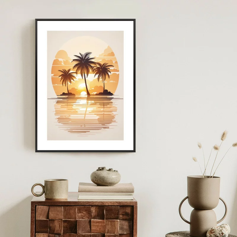 Plakat w ramie - zachód słońca i trzy palmy - obrazek 1