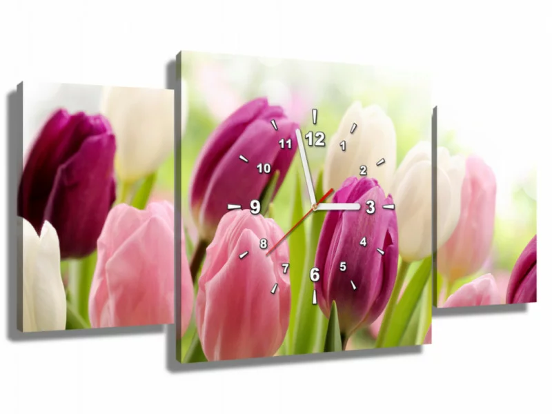 Obraz z zegarem - soczyste tulipany
