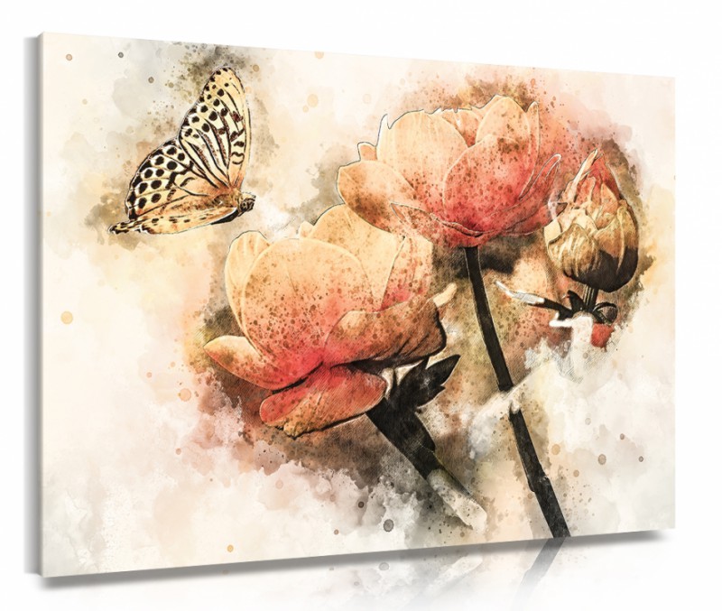 Obraz na plátne Kvety a motýľ kreslené
