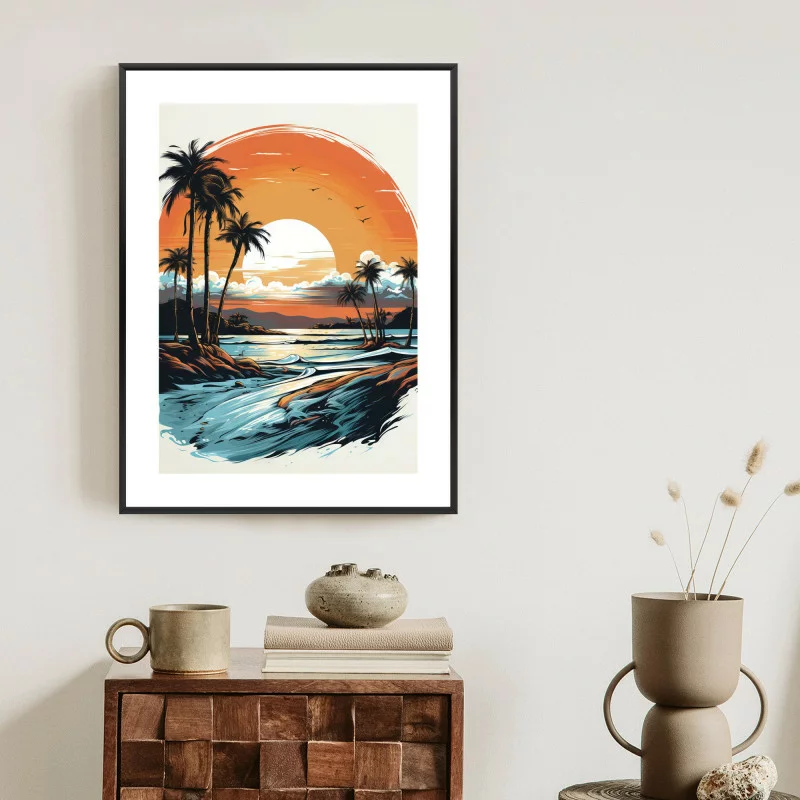 Plakat w ramie - zachód słońca z palmami i morzem - obrazek 1