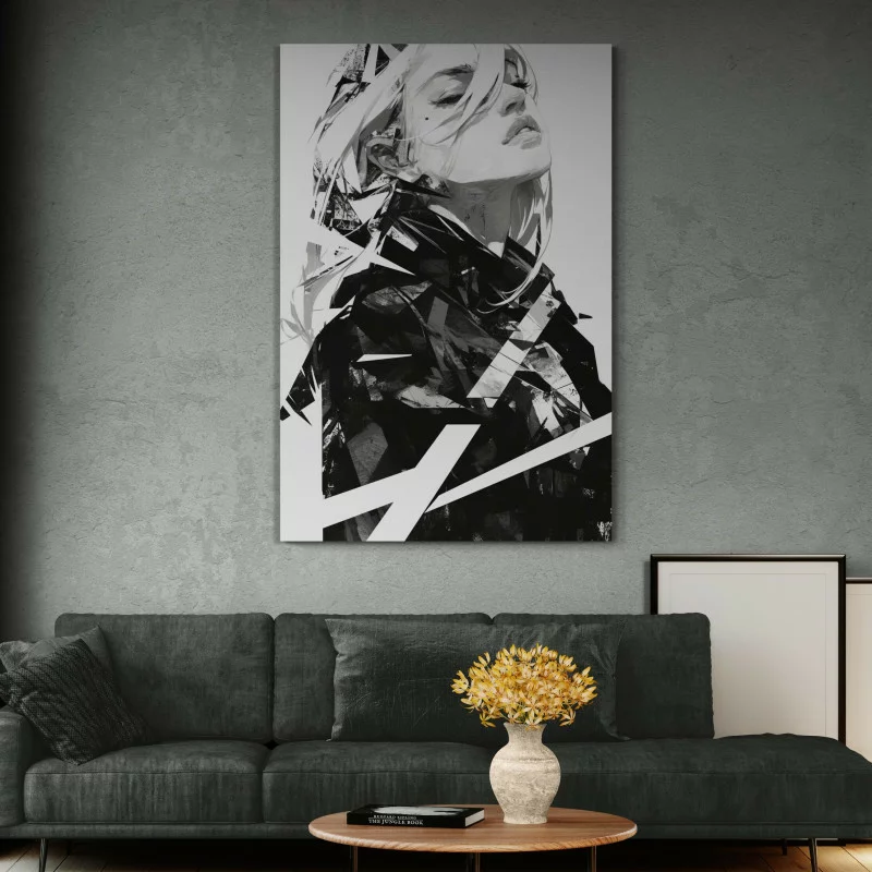 Abstrakcyjny portret kobiety w czerni i bieli – nowoczesny obraz na ścianę - obrazek 1