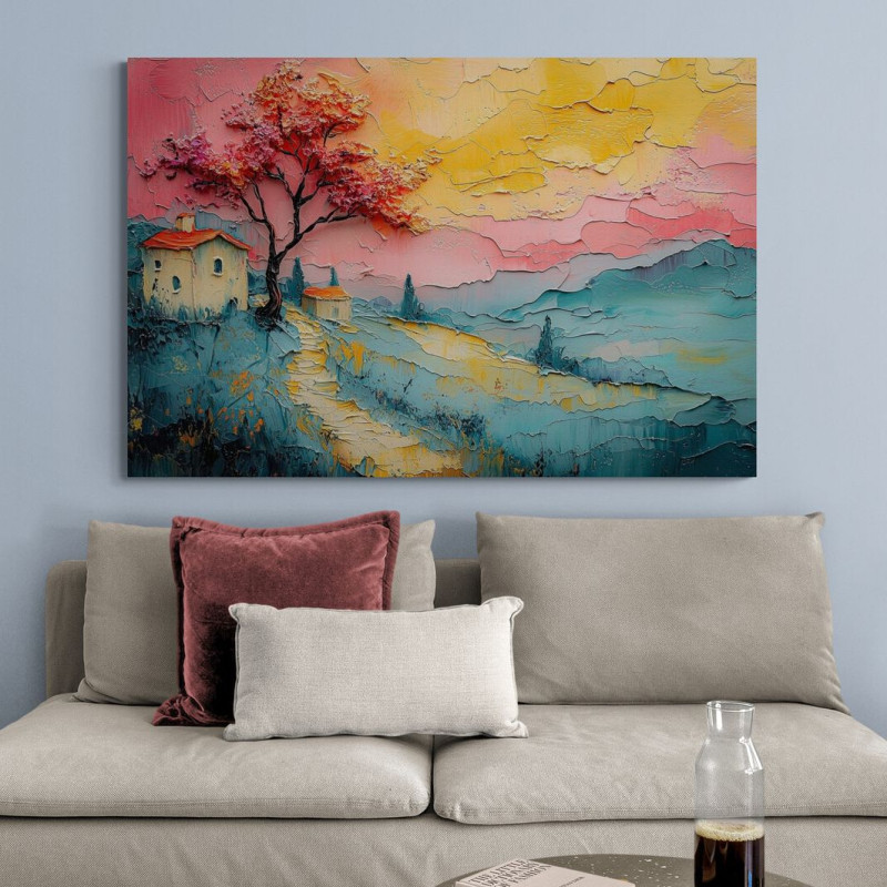 Obraz - malowniczy pejzaż z r&oacute;żowym drzewem i pastelowym niebem