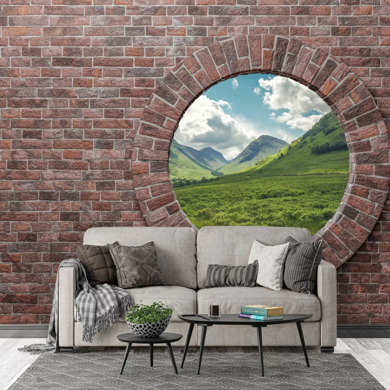 Fototapeta 3D okrągłe ceglane okno - obrazek 1