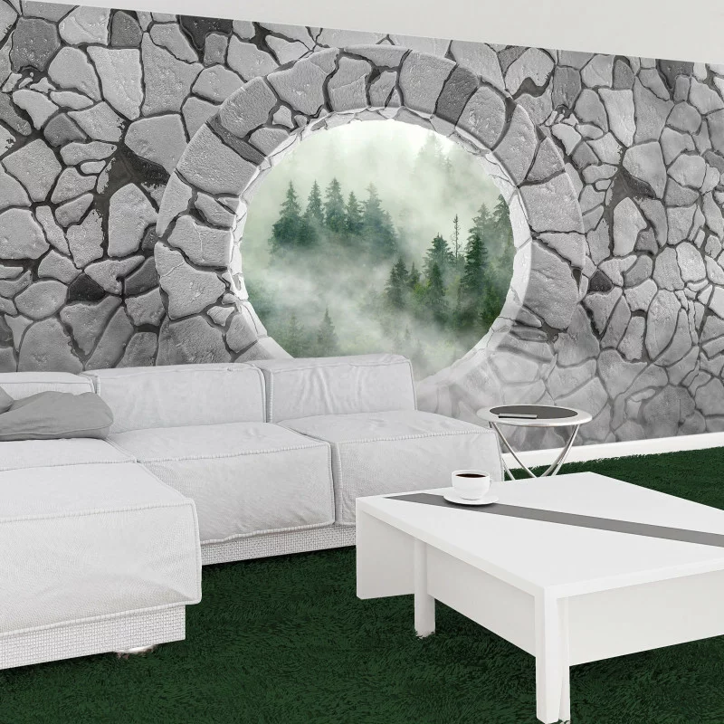 Fototapeta 3D - zamglony las za kamienną ścianą - obrazek 1