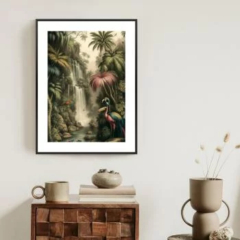Plakat w ramie - palmy dżungla i tropikalne zwierzęta