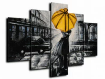 Obraz ręcznie malowany - para pod żółtym parasolem