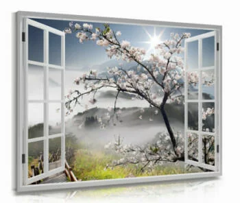 Obraz okno: widok na kwitnącą wiśnię